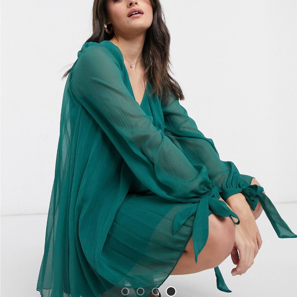 ASOS Design Pleated Wrap Mini Dress with long sleeves in Forest Green